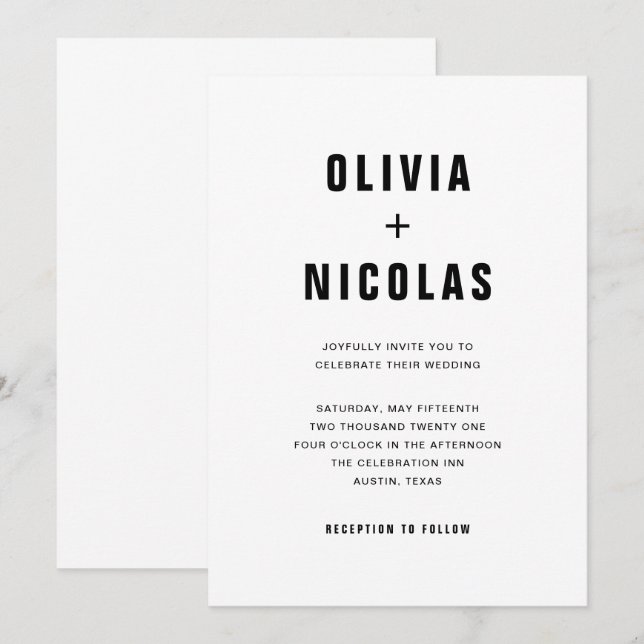 Invitation Texte moderne simple | Mariage noir et blanc (Devant / Derrière)