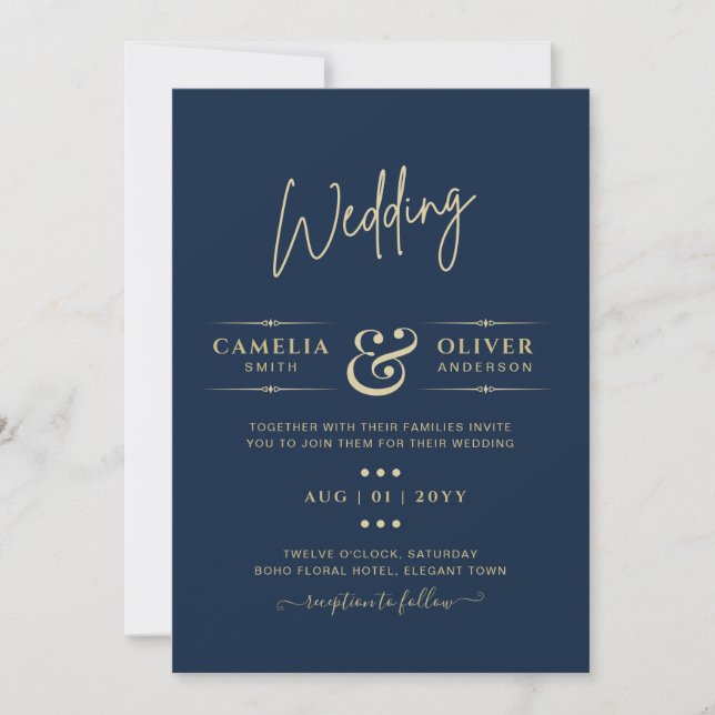 Invitation Texte monochrome bleu moderne uniquement Mariage (Devant)