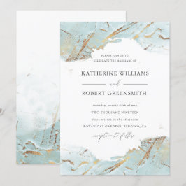 Invitation texturé bleu or faux feuille élégant Mariage