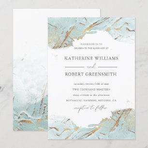 Invitation texturé bleu or faux feuille élégant Mariage