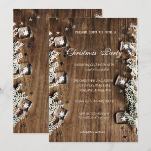 Invitation Texture de bois, flocons de neige, fête de Noël d'