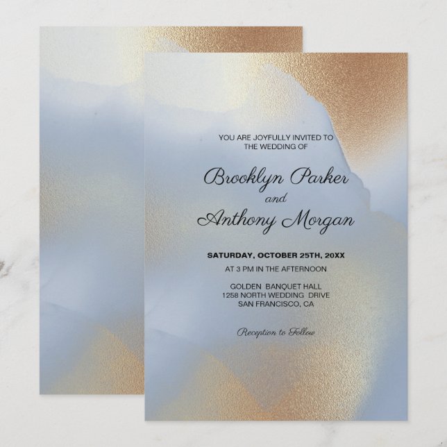 Invitation Texture or sur Mariage bleu (Devant / Derrière)