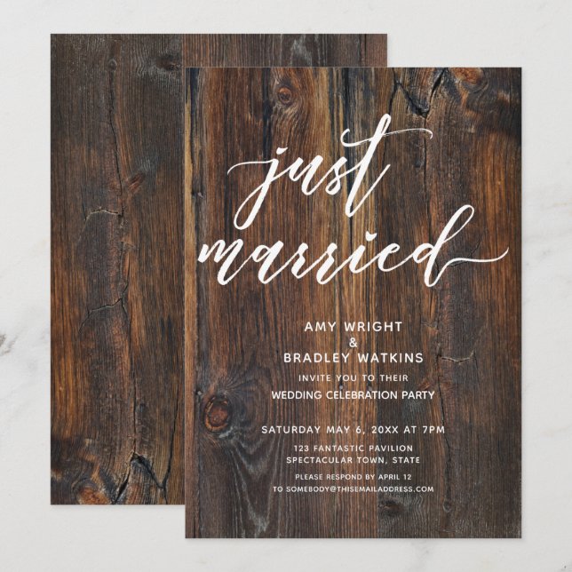 Invitation Textured Wood Handwriting Just Married Typography (Devant / Derrière)