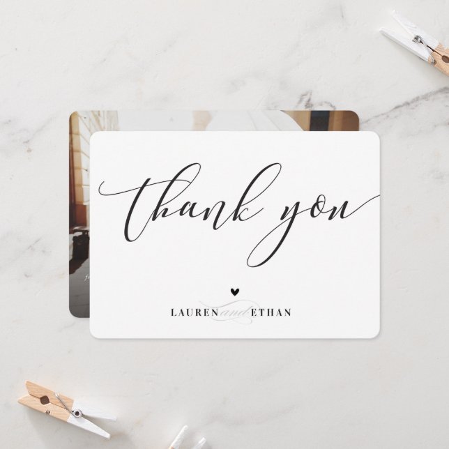 Invitation THANK YOU wedding photo elegant black and white (Devant/Arrière en situation)