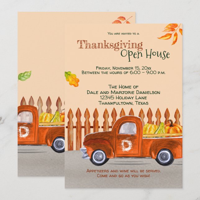 Invitation Thankesgiving Open House Orange Truck Fun (Devant / Derrière)