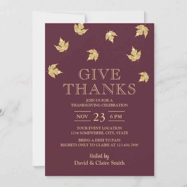 Invitation Thanksgiving Bourgogne rouge et Feuilles d'or (Devant)
