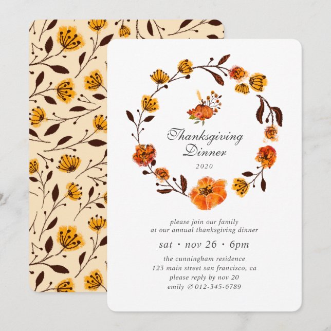 Invitation Thanksgiving de Floral Citrouille moderne (Devant / Derrière)