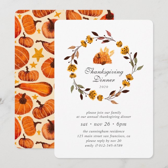 Invitation Thanksgiving de Floral Citrouille moderne (Devant / Derrière)