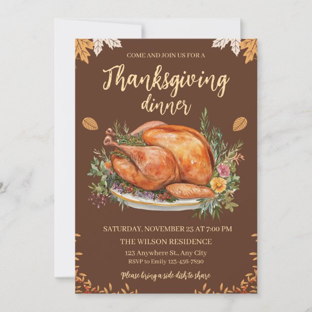 Invitation Thanksgiving Dinner Turkey Pumpkins Brown (Devant)