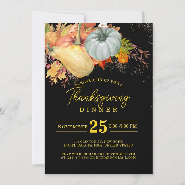 Invitation Thanksgiving Fest Friends Dinner Citrouille Black (Devant)
