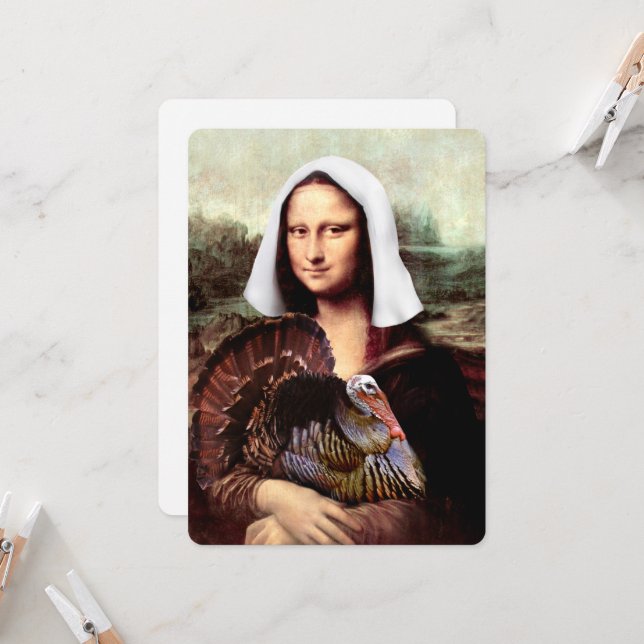 Invitation Thanksgiving Mona Lisa Pilgrie avec la Turquie (Devant/Arrière en situation)