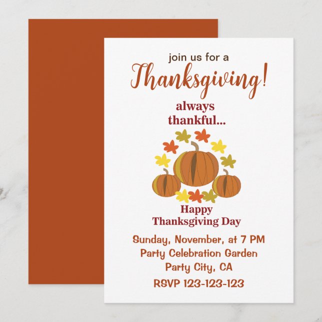 Invitation Thanksgiving Thanksgiving Citrouille Automne Thank (Devant / Derrière)