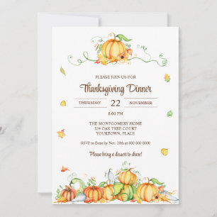 Invitation Thanksgiving Watercolor Citrouille Vines Party