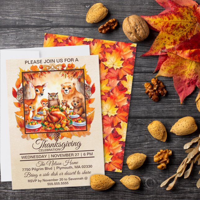 Invitation Thanksgiving Woodland Animaux Feuilles d'automne (Créateur téléchargé)