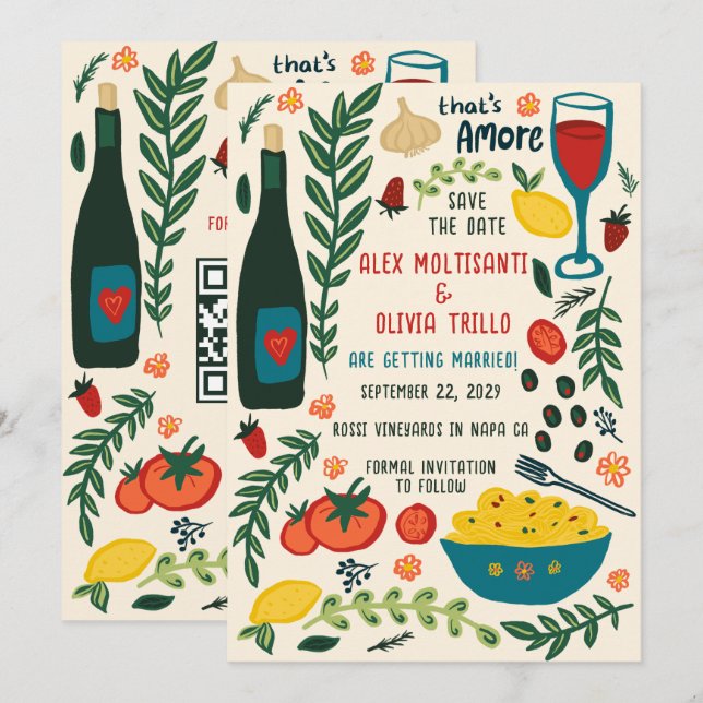 Invitation That's Amore Italian Food SAVE THE DATE Custom QR  (Devant / Derrière)