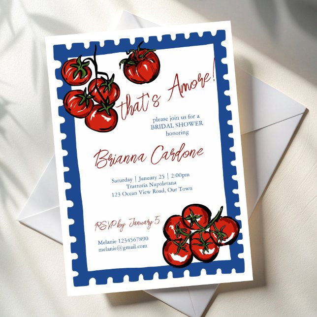 Invitation That's amore tomato blue Italian bridal shower (That's amore tomato blue post stamp border Italian bridal shower Invitation cards template)