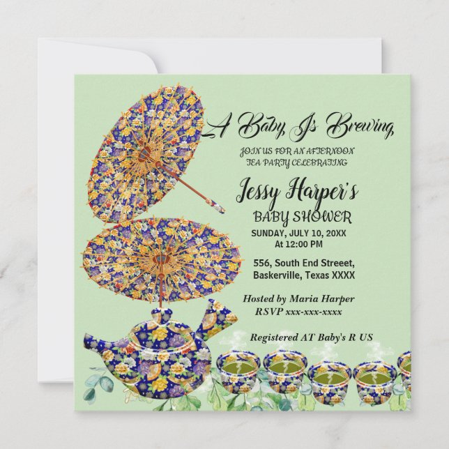 Invitation Thé à la Fleur Bleue Théière Fête de Naissance Apr (Devant)