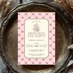 Invitation Thé à la Princesse Élégant motif de couronne rose