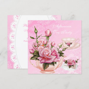 Invitation Thé à la rose rose pêche rose florale après-midi