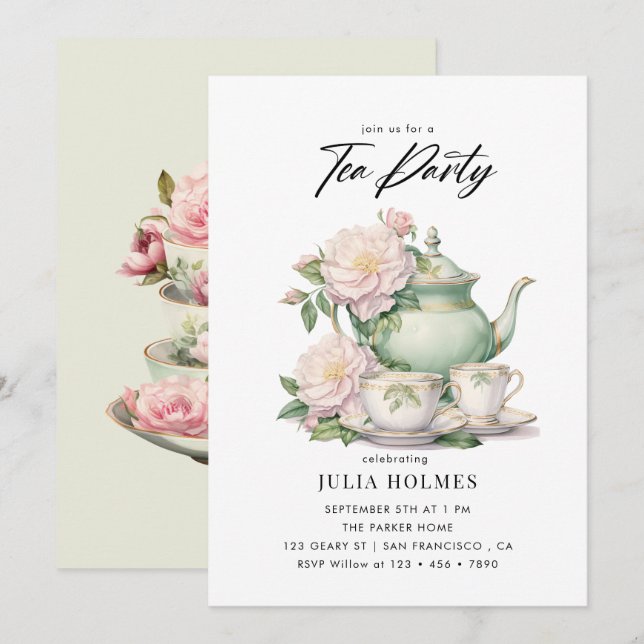 Invitation Thé à la tasse Fête de thé Floral Aquarelle (Devant / Derrière)