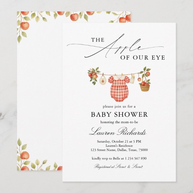 Invitation The Apple Of Our Eye Clothesline Plaid Baby Shower (Devant / Derrière)