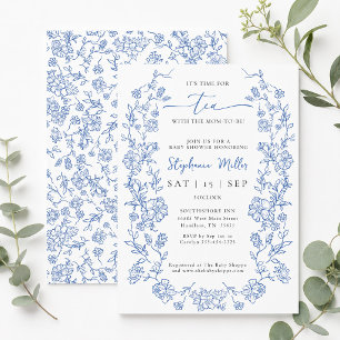 Invitation Thé aux fleurs bleues pour la Baby Shower de la fu