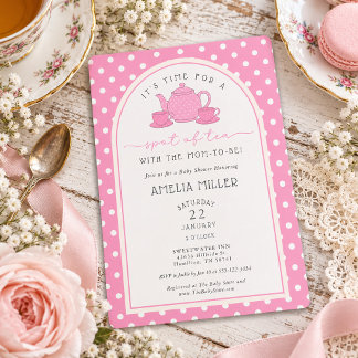 Invitation Thé aux pois roses pour la Baby Shower de la futur