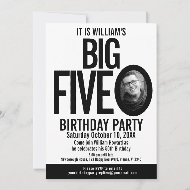Invitation The Big Five 0 50th Birthday photo noir blanc (Devant)