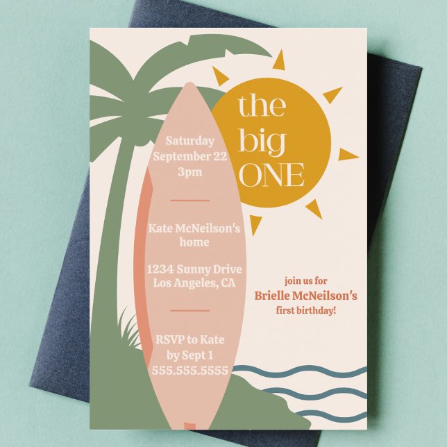 Invitation "The big ONE" Surfing Beach 1er anniversaire ("the big one" pink surfboard first birthday party invite surfing theme ocean beach theme 1st bday)
