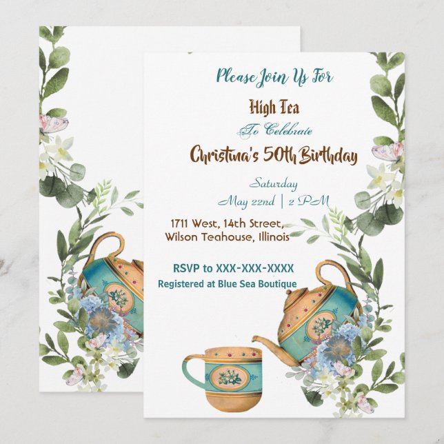 Invitation Thé bleu Floral après-midi Thé haut 50 Anniversair (Devant / Derrière)
