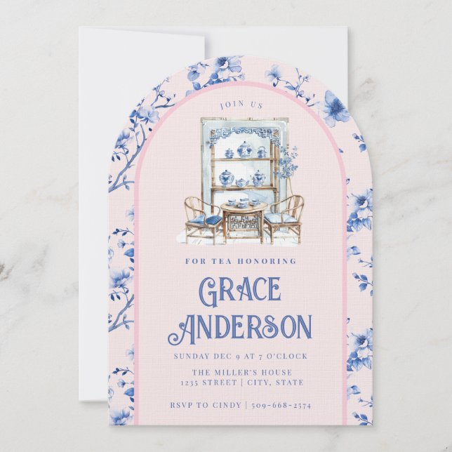 Invitation thé chinois rose et bleu (Devant)