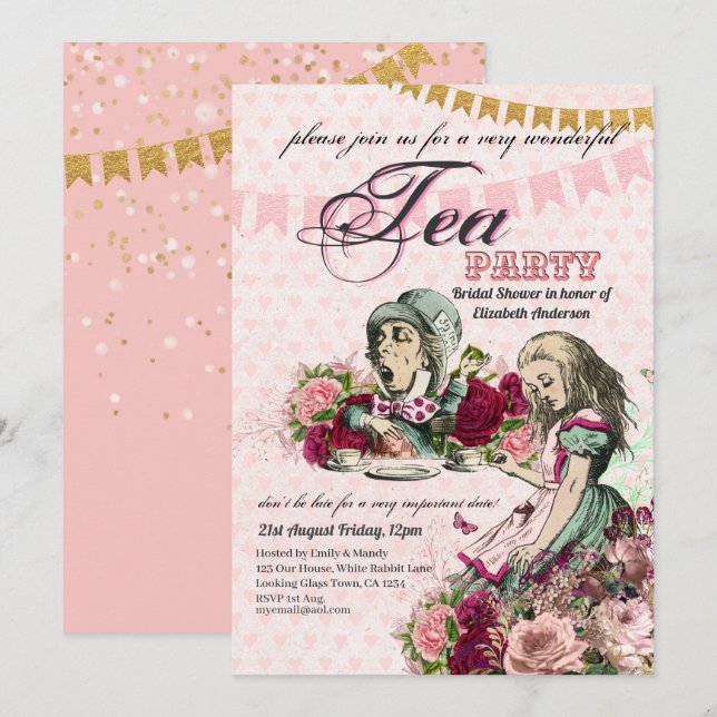 Invitation Thé dansant de mariage sur le thème de l'alice au  (Devant / Derrière)