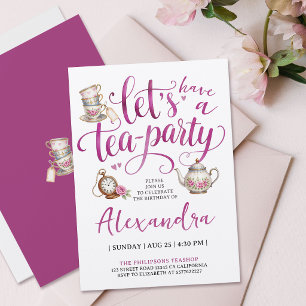 Invitation Thé dansant Élégant Tasse Florale Rose Calligraphi