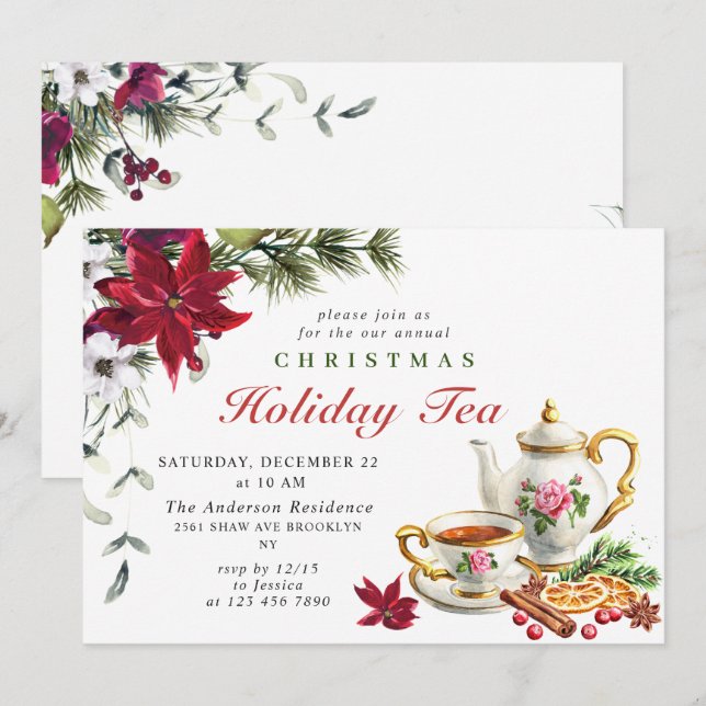 Invitation Thé dansant festif de Noël avec poinsettia (Devant / Derrière)