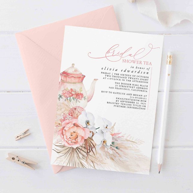 Invitation Thé de Fête des mariées en laiton rose doux (Bridal Shower Tea Party Invitations Boho Florals and Teapot)