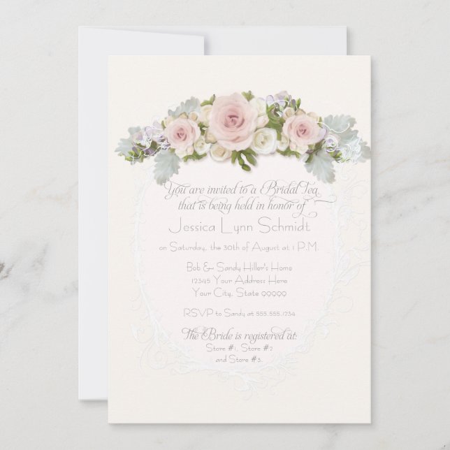 Invitation Thé de Fête des mariées Joli Rose feuille Succulen (Devant)