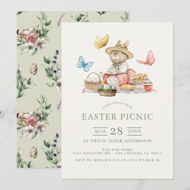 Invitation Thé de fête Pique-nique de Pâques Bunny & Papillon (Devant / Derrière)