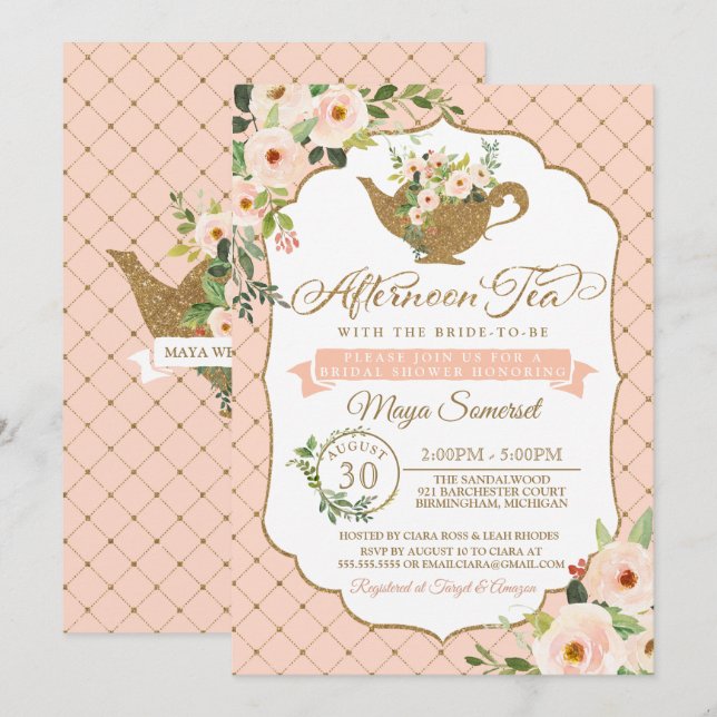 Invitation Thé de l'après-midi Luxueux Blush Floral Fête des  (Devant / Derrière)