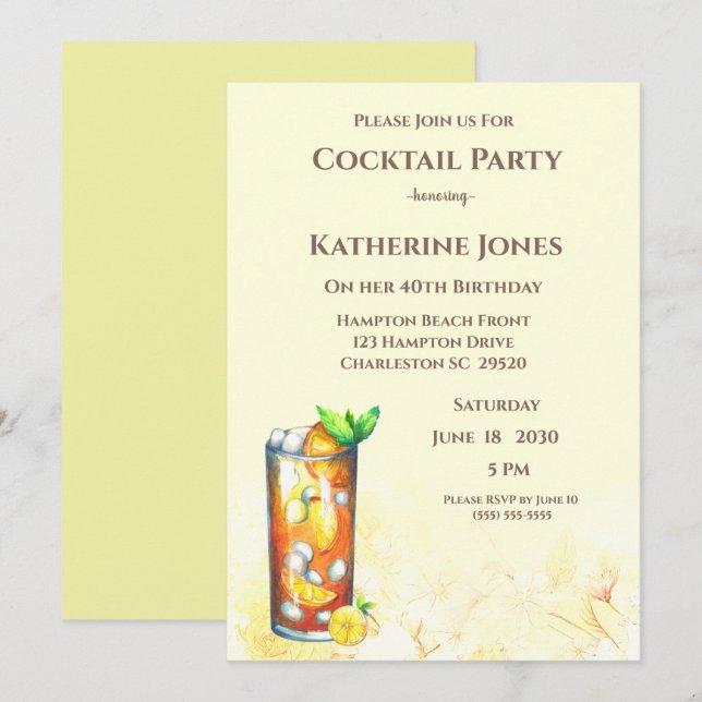 Invitation Thé de l'île Long Jaune Anniversaire Cocktail (Devant / Derrière)