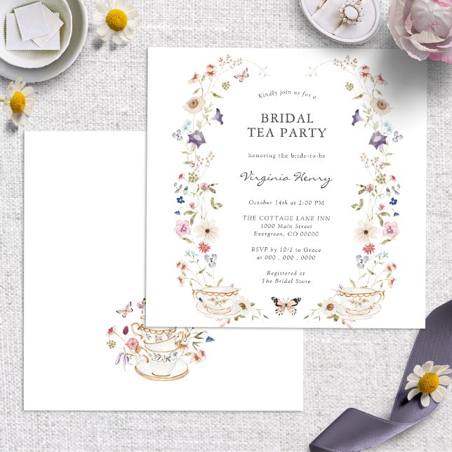 Invitation Thé de mariage (Elegant Floral Bridal Tea Party Invitation with Butterflies by Painted Paperie
)
