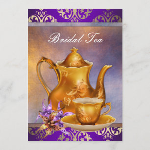 Invitation Thé de mariage élégant aux orchidées dorées et vio
