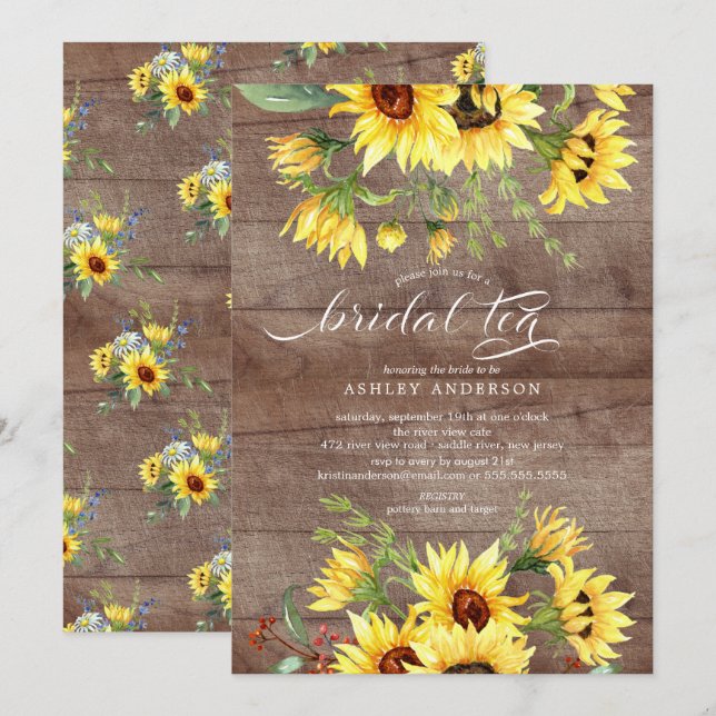 Invitation Thé de mariée de tournesol jaune rustique joyeux (Devant / Derrière)