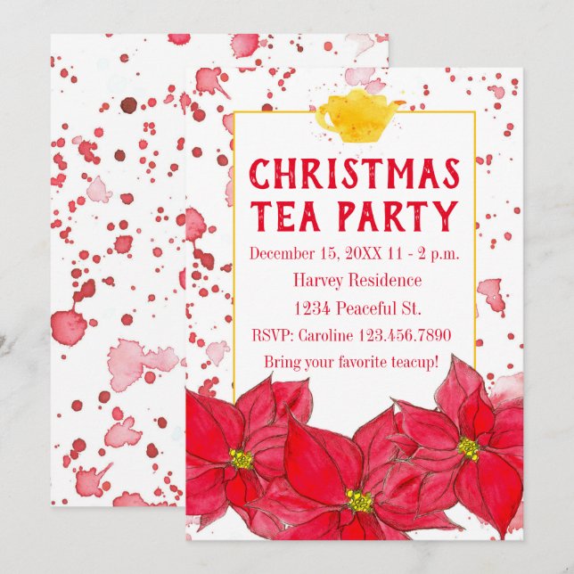 Invitation Thé de Noël Poinsettias (Devant / Derrière)