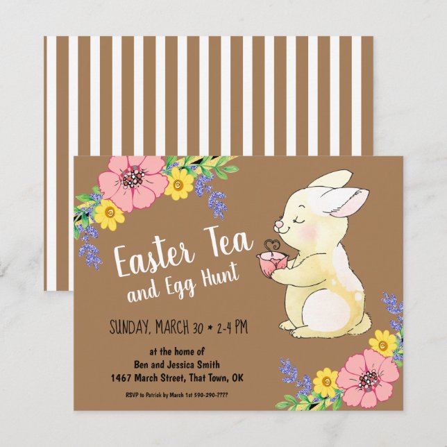 Invitation Thé de Pâques et chasse aux oeufs Bunny de printem (Devant / Derrière)