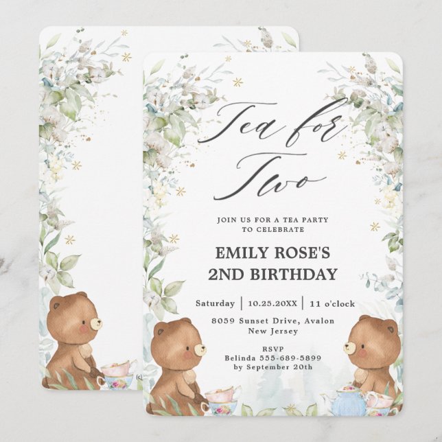 Invitation Thé des ours en peluche mignons pour deux Fête du  (Devant / Derrière)
