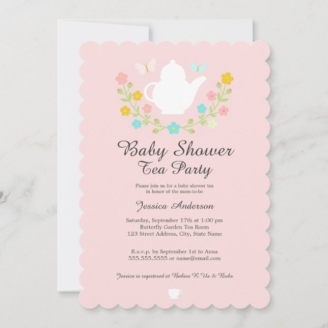 Invitation Thé doux Pot Baby shower rose (Devant)