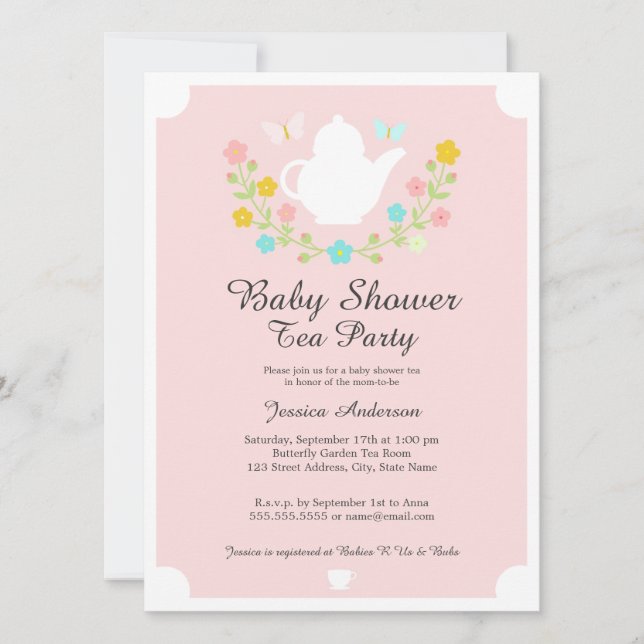 Invitation Thé doux Pot Baby shower rose (Devant)