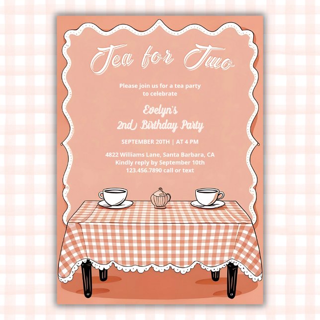 Invitation Thé En vichy Tea Party pour deux 2e anniversaire (Tea for Two 2nd Birthday Invitation Vintage Gingham Tea Party Invite for Girls)