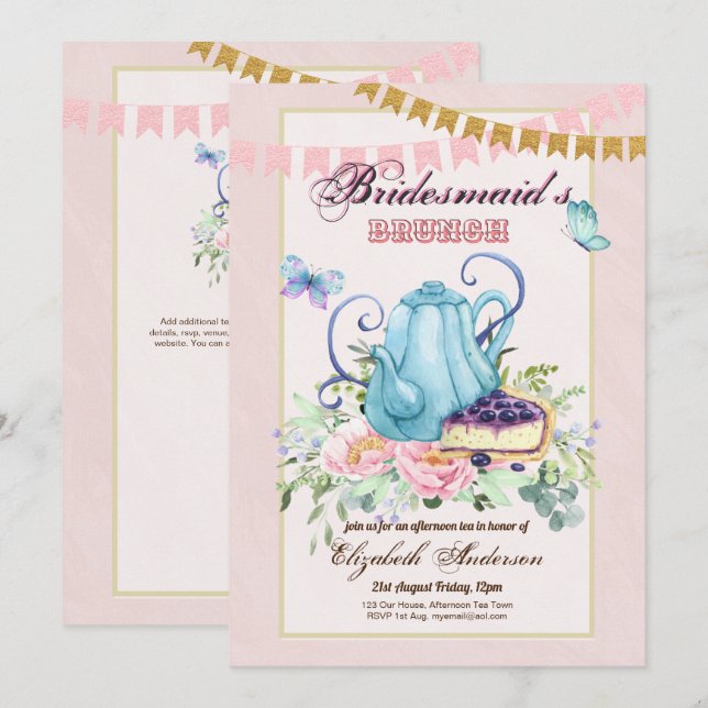 Invitation Thé fantaisiste de l'après-midi Brunch des demoise (Devant / Derrière)