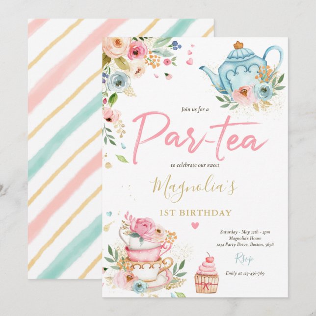 Invitation Thé Fête Anniversaire Fille Rose et or Floral Par  (Devant / Derrière)